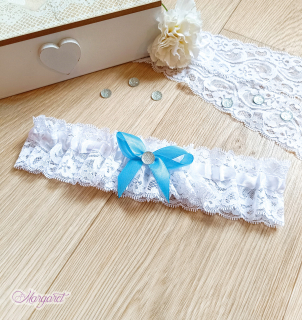 Svatební podvazek - Bílý, s azurovou mašličkou a kamínkem