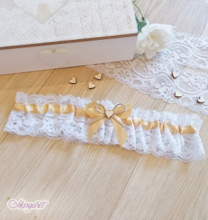 Svatební podvazek - Zlato-béžový s jutou a dřevěným srdíčkem